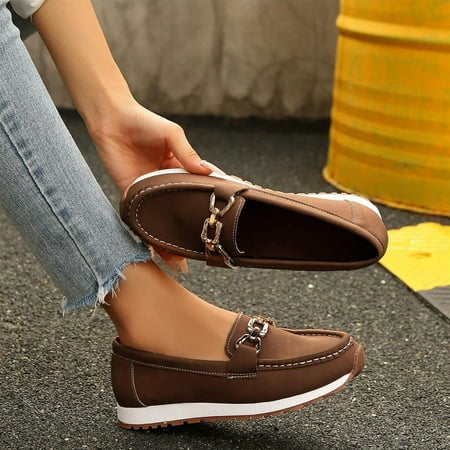 Women Casual Slip-On Loafers with Soft Bottom Round Toe Low Heel Flat Wedge Buckle Shoes