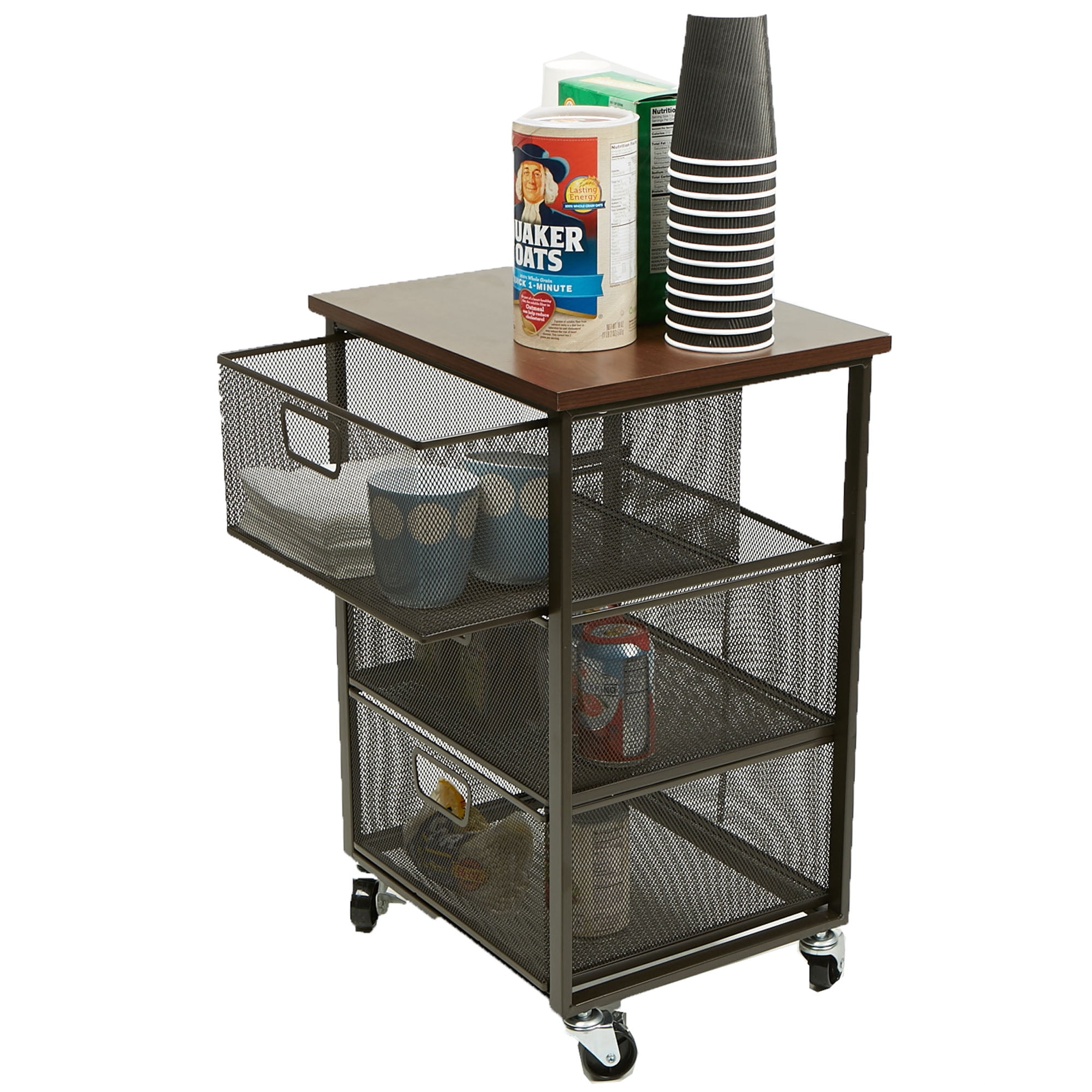 Mind Reader 3-Drawer Rolling Storage Cart, Office Organizer with Wood Top, Multipurpose Portable Cabinet with Wheels, Metal, Black