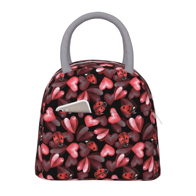 Balery Ladybugs and Red Hearts Bolsa de Almuerzo para Mujeres, Caja de Almuerzo, Bolsa de Almuerzo Pequeña Impermeable, Tote de Almuerzo Reutilizable con Gran Capacidad
