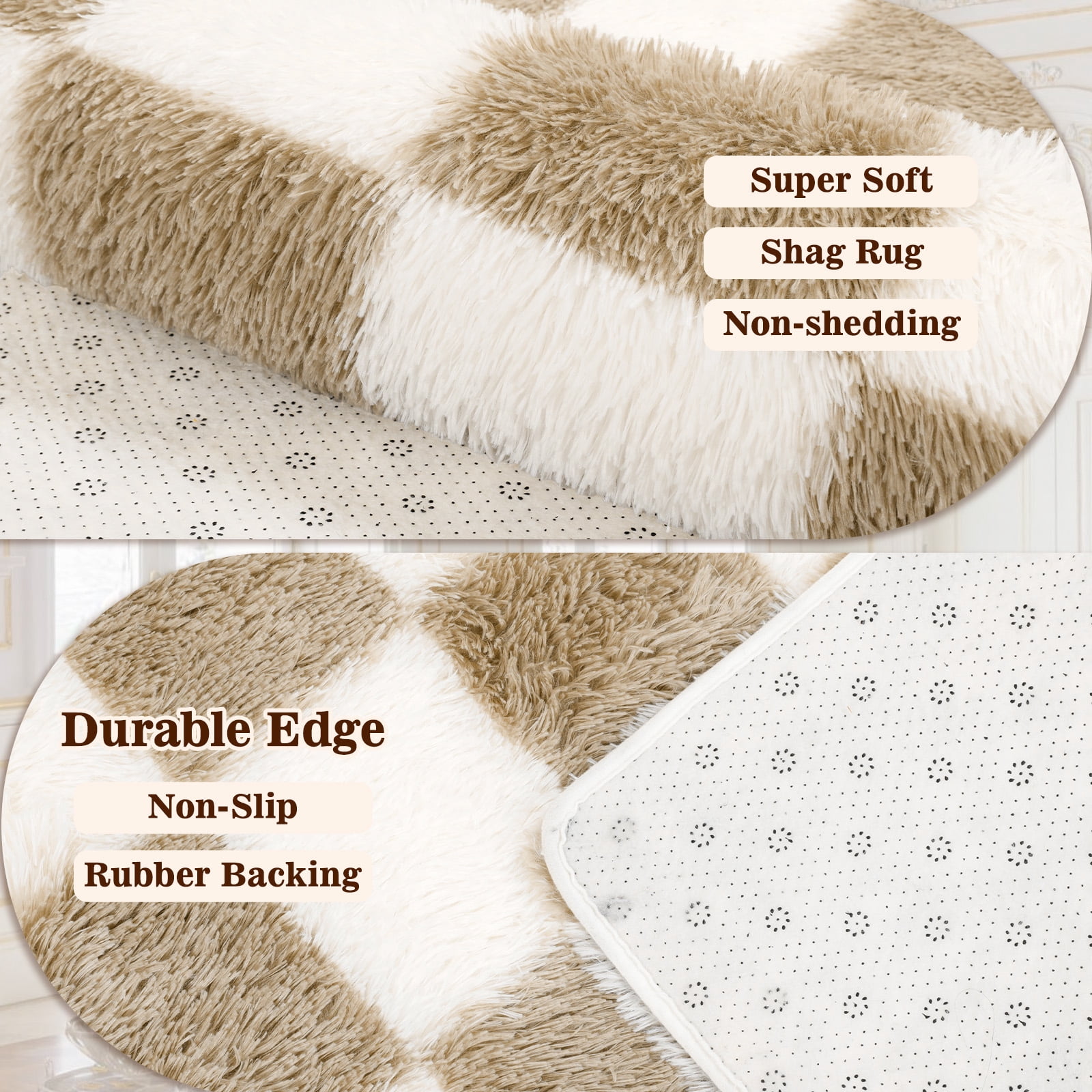 ZRSDIXK 8'x10' Area Rugs for Living Room, Large Shag Fluffy Rug Checkered Carpet, Beige & White