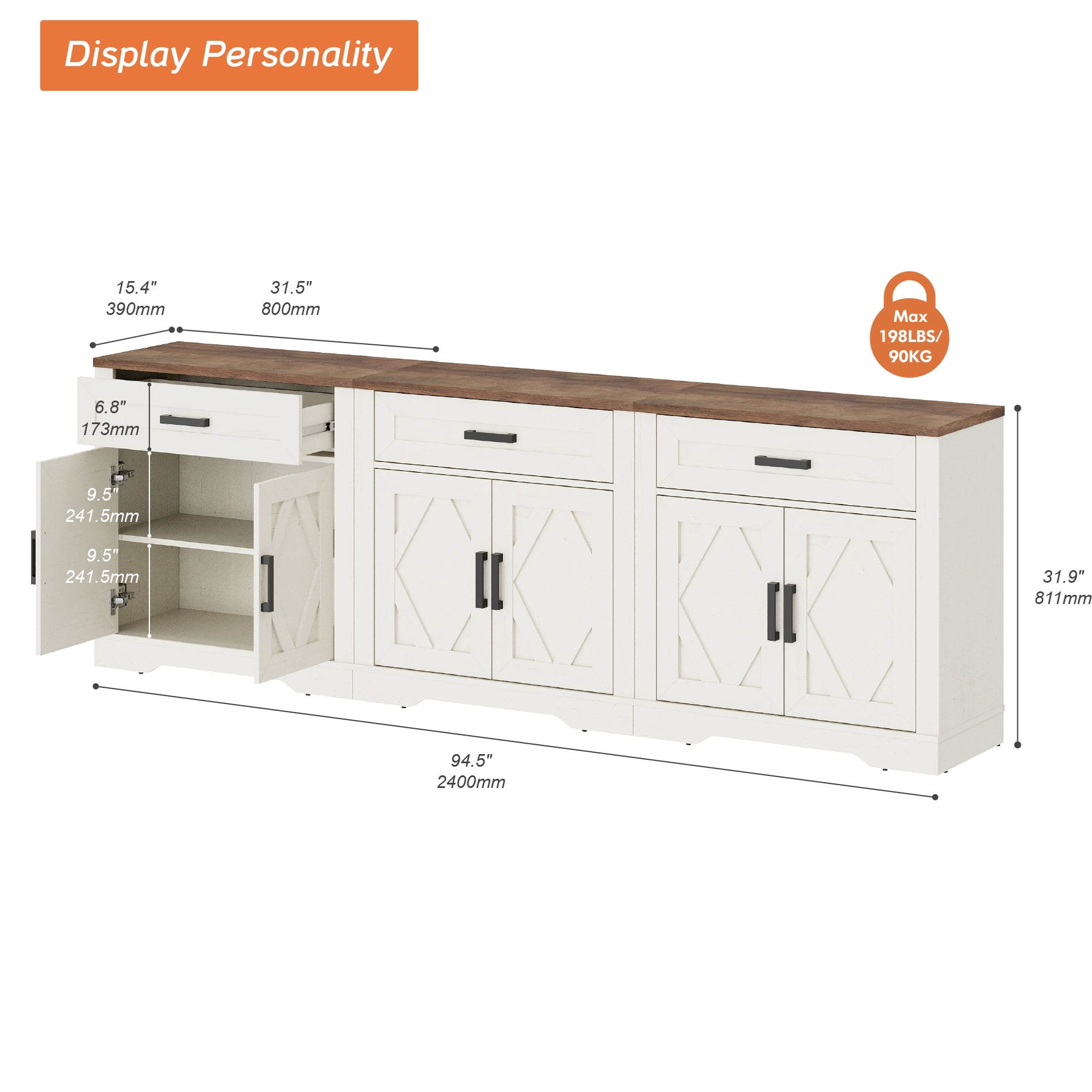 WAMPAT 94.5"W Farmhouse Buffet Sideboard with Barn Doors, Drawer & Storage, White