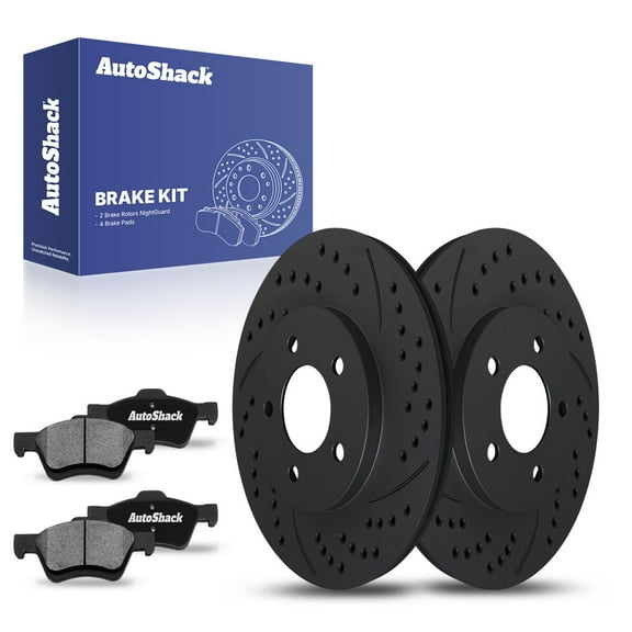 AutoShack 11.92" (302.7 mm) Front Vented Drilled & Slotted Brake Rotors E-Coated   Ceramic Brake Pads | Replacement for 2005-2010 Ford Escape | Black Finish | 6-PC Brake Kit | NightGuard
