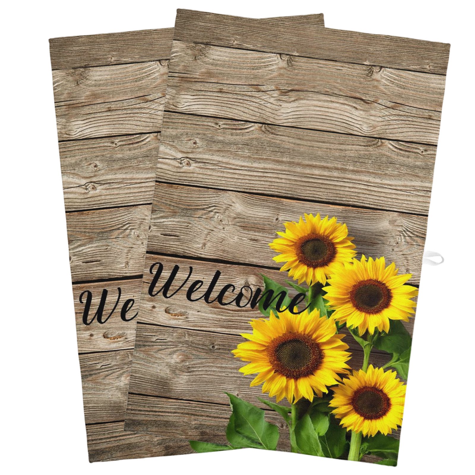 Kitchen Towels Farm Sunflower Flower Welcome Text Dish Towels-2 Pack Highly Absorbent Tea Towel with Hanging Loop Farmhouse Vintage Wood Plank Soft Hand Towels for Drying and Cleaning Dishes