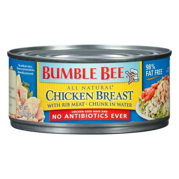 Bumble Bee All-Natural Chicken Breast in Water, No Antibiotics, Cage Free, Gluten Free, 13g Protein per Serving, Shelf Stable Can, 10 oz