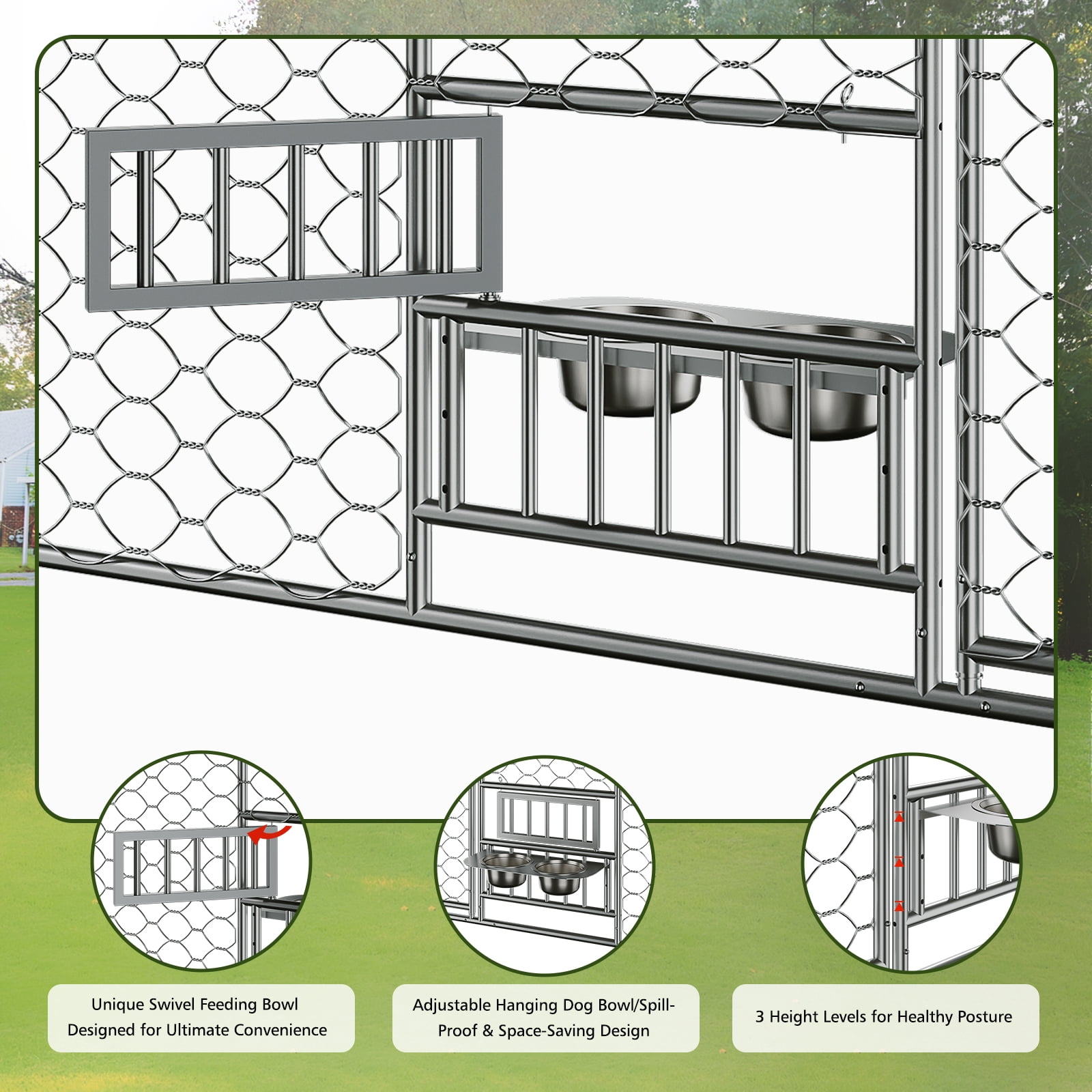 15x10 FT Large Outdoor Dog Kennel with Canopy,Heavy Duty Galvanized Steel,Waterproof Cover,Elevated Feeding Bowls,Escape-Proof Lockable Playpen for Large Dogs & Multiple Pets
