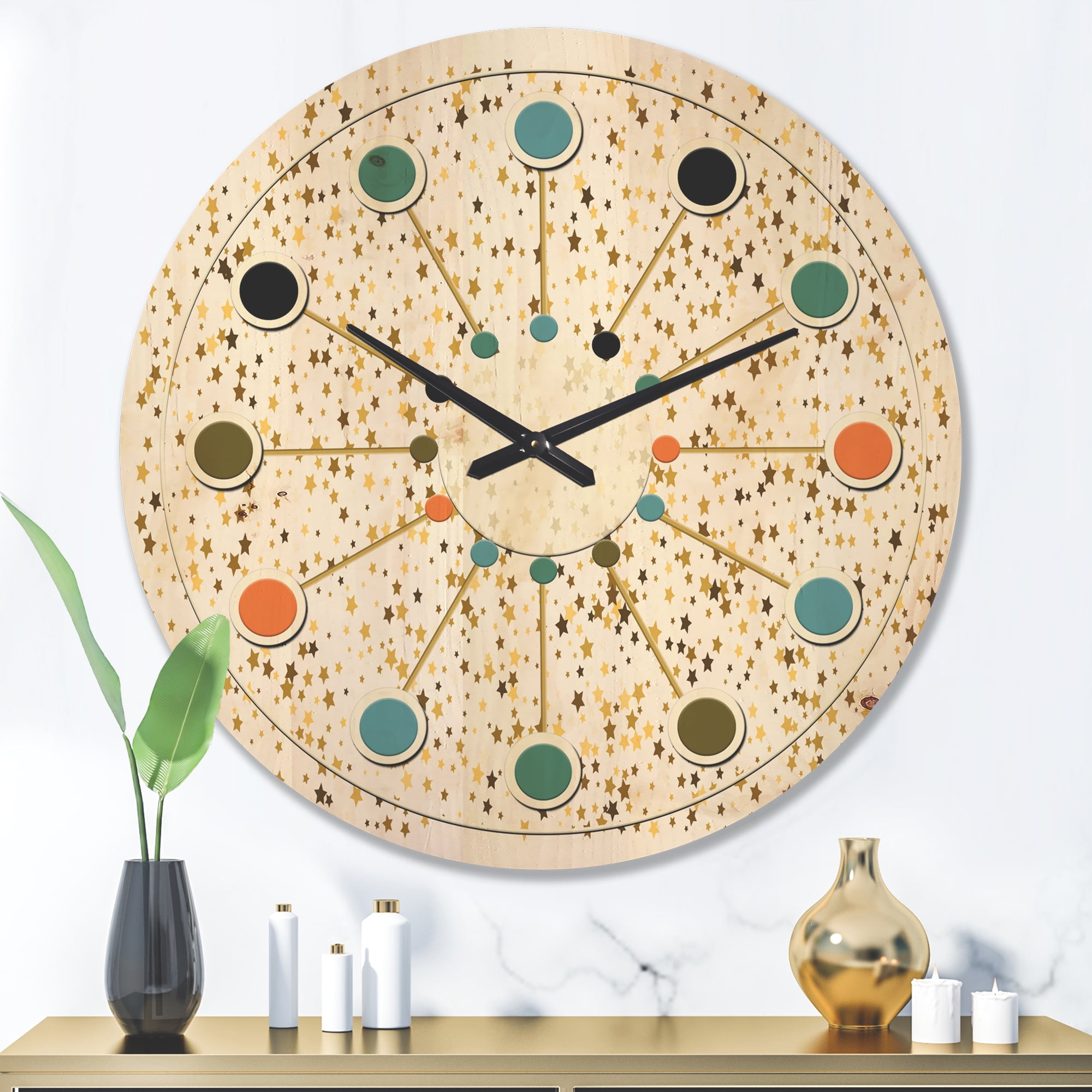 Designart 'Golden Glitter Confetti Retro Pattern' Mid-Century Modern Wood Wall Clock