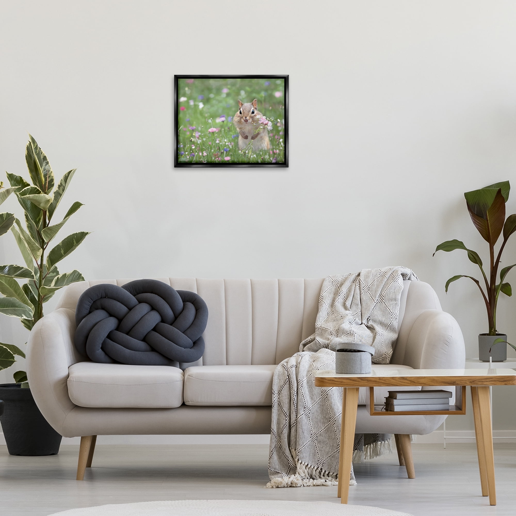 Stupell Industries Chipmunk Picking Flowers Animals & Insects Painting Black Floater Framed Canvas Art Print Wall Art, 21 x 17