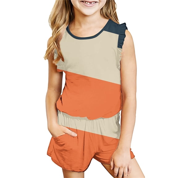Zwiiyzr 3-14Y Kids Girl Clothes Summer Toddler Outfit Color Block Vest Tank Tops & Shorts Cute Clothing Sets Orange