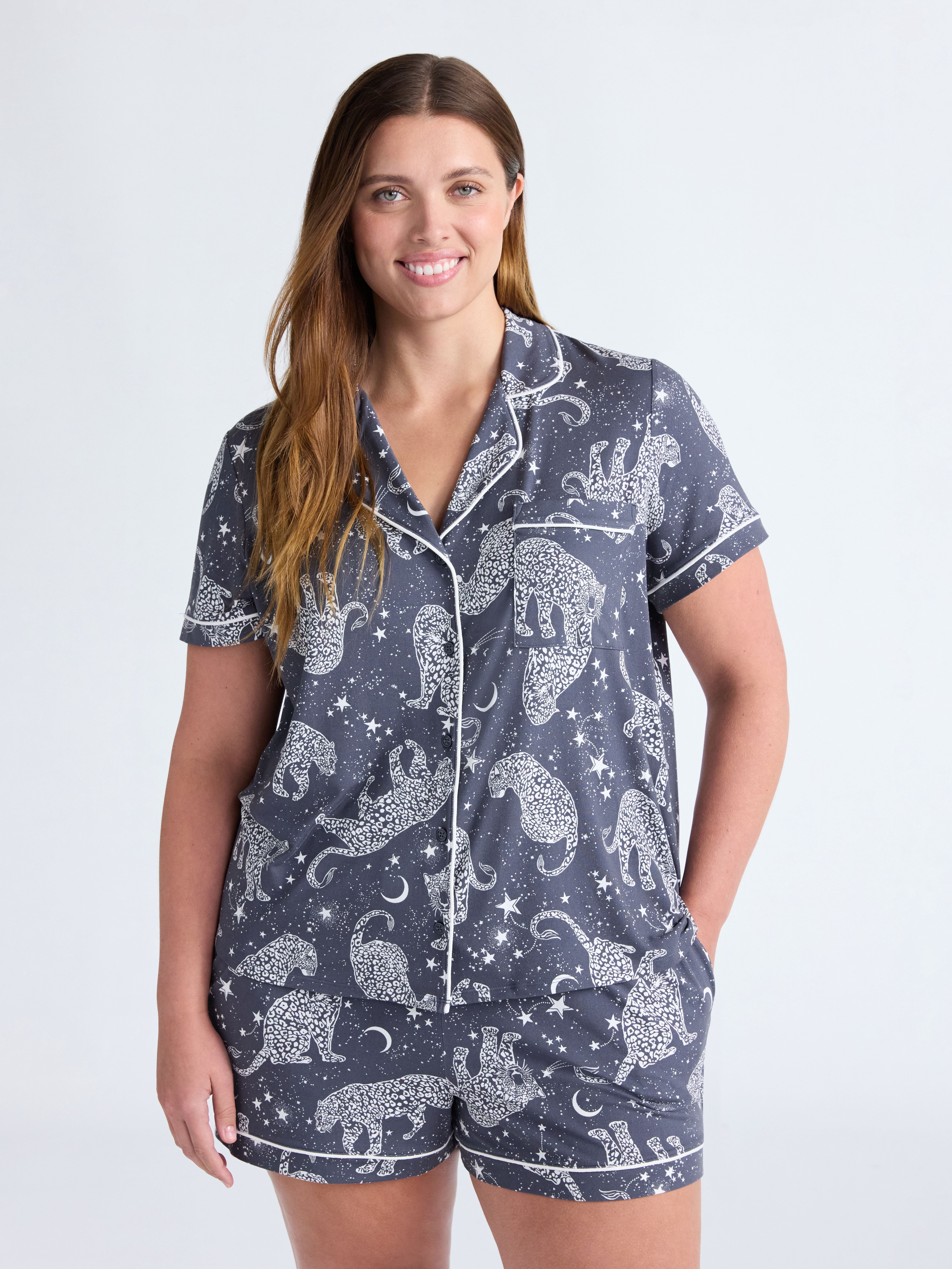 Joyspun Women’s Dreamy Soft Collection Notch Collar Knit Top and Boxer Shorts Pajama Set, Sizes XS-3X