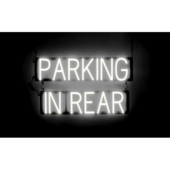 SpellBrite PARKING IN REAR LED Sign for Business. 25.8" x 15.0" White PARKING IN REAR Sign Has Neon Sign Look With Energy Efficient LED Light Source. Visible from 500+ Feet, 8 Animation Settings.