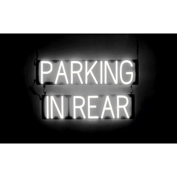 SpellBrite PARKING IN REAR LED Sign for Business. 25.8" x 15.0" White PARKING IN REAR Sign Has Neon Sign Look With Energy Efficient LED Light Source. Visible from 500+ Feet, 8 Animation Settings.