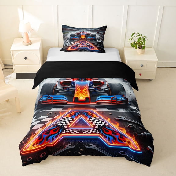 Castle Fairy Neon Race Car Twin Bedding for Boys, Checkered Flag A Duvet Cover Set for Bedroom, Red Blue Black,Black Reversible,2pcs,No Comforter