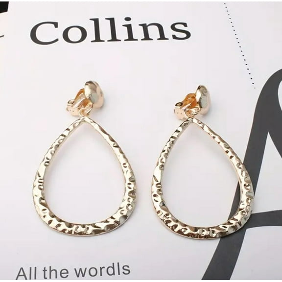 Clip on 3" long gold hammered dangle teardrop earrings