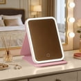 thumbnail image 4 of Todaioua Travel Makeup Mirror, Portable LED Lighted Makeup Mirror, Rotation Touch Screen Vanity Mirror, 60 LEDs, 3-Color Dimmable Lighting, Rechargeable Tabletop Folding Cosmetic Mirror, 4 of 7