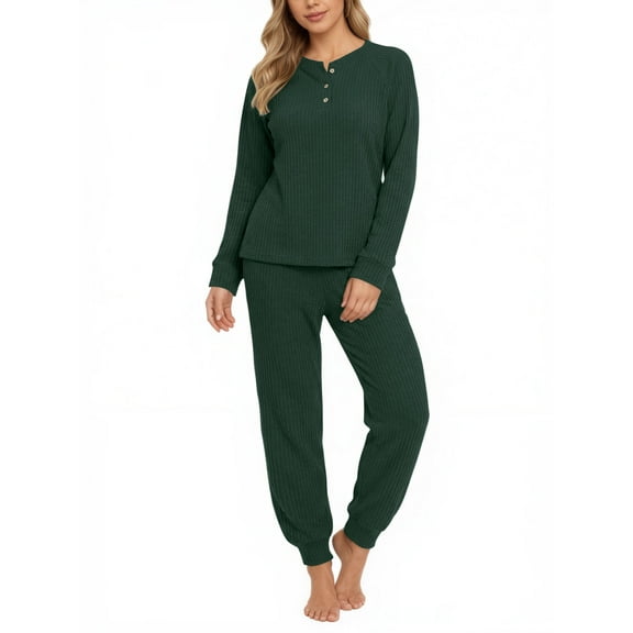 UVN Pajama Sets for Women Waffle Knit Lounge Sets Long Sleeve Henley Shirts and Long Pants Sleepwear 2 Piece Pjs Soft Comfy Loungewear with Pockets
