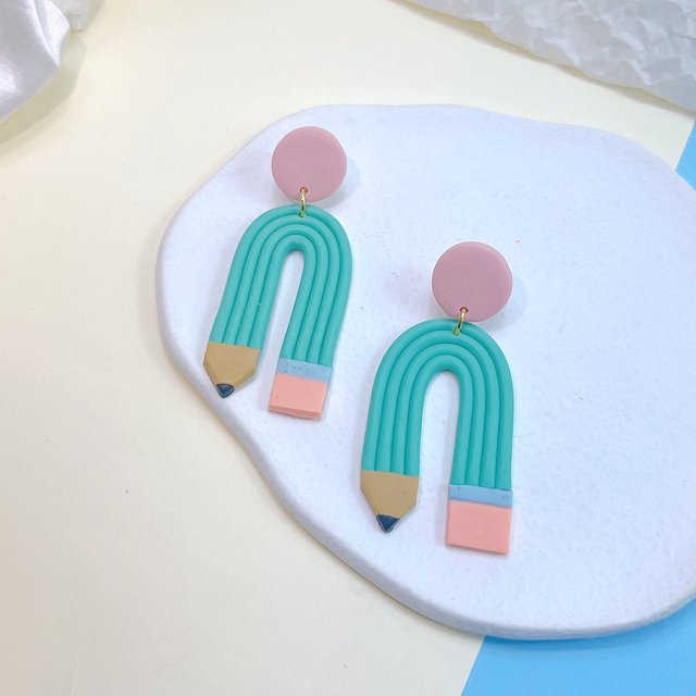 Lápiz de Color para el día del maestro, pendientes de mujer a rayas con codo de arcilla suave en forma de U de estilo japonés-coreano, pendientes en forma de U