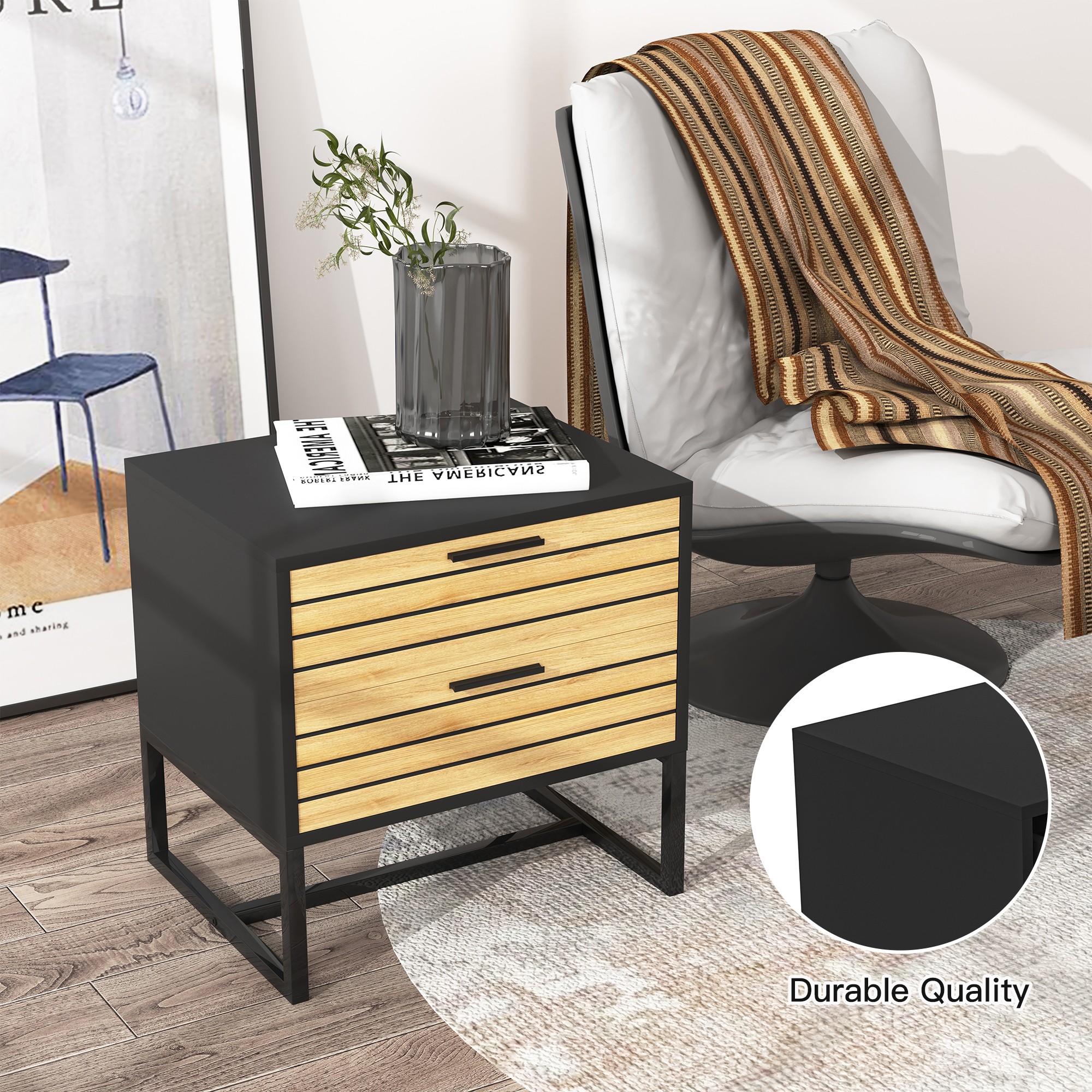 Finihen Modern Nightstand, Side Table with 2 Drawer, Accent Bedside End Table with Metal Legs for Bedroom, Dorm and Small Spaces, Black Finihen Modern Nightstand, Side Table with 2 Drawer, Accent Bedside End Table with Metal Legs for Bedroom, Dorm and Small Spaces, Black