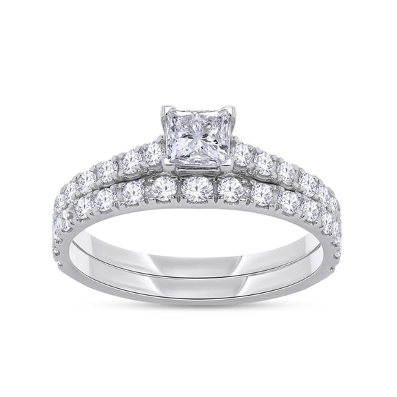 AFFY Bridal Ring Set for Women 1.00 Carat Princess and Round Cut Lab Grown Diamond Solitaire Engagement Wedding Ring in 14K White Gold Plated 925 Sterling Silver Jewelry Gift for Her Size-10