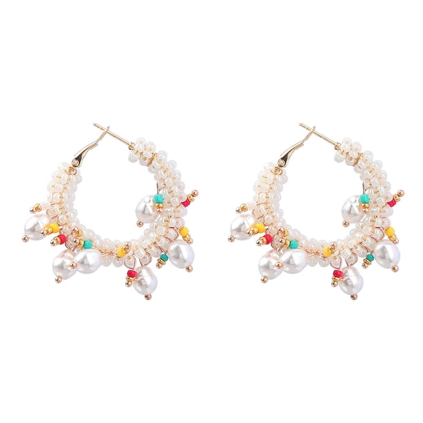 2pcs Round alloy rice bead woven flower wreath shaped earrings, women's imitation pearl earrings, Bohemian ethnic style earrings