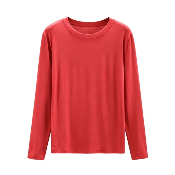 DeHolifer Pajama Tops for Women Solid Color Crewneck Long Sleeve Pajama Sleep Shirts Red 2XL