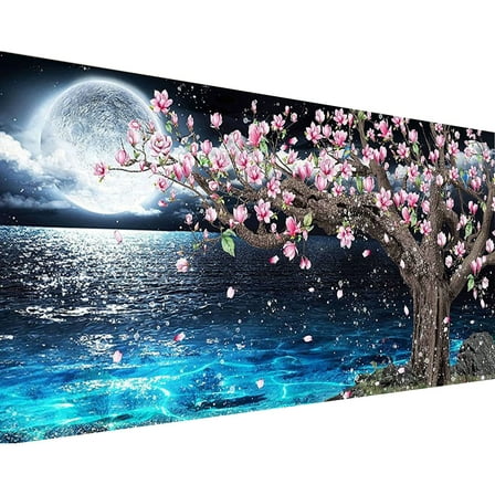 YALKIN 5D Large Diamond Painting Kits for Adults (31.5x15.7inch), Seaside Moon Cherry Tree Full Round Drill Scenery Pictures Arts Paint by Diamonds Kits Diamond Art Kits for Wall Decor Relax Gift