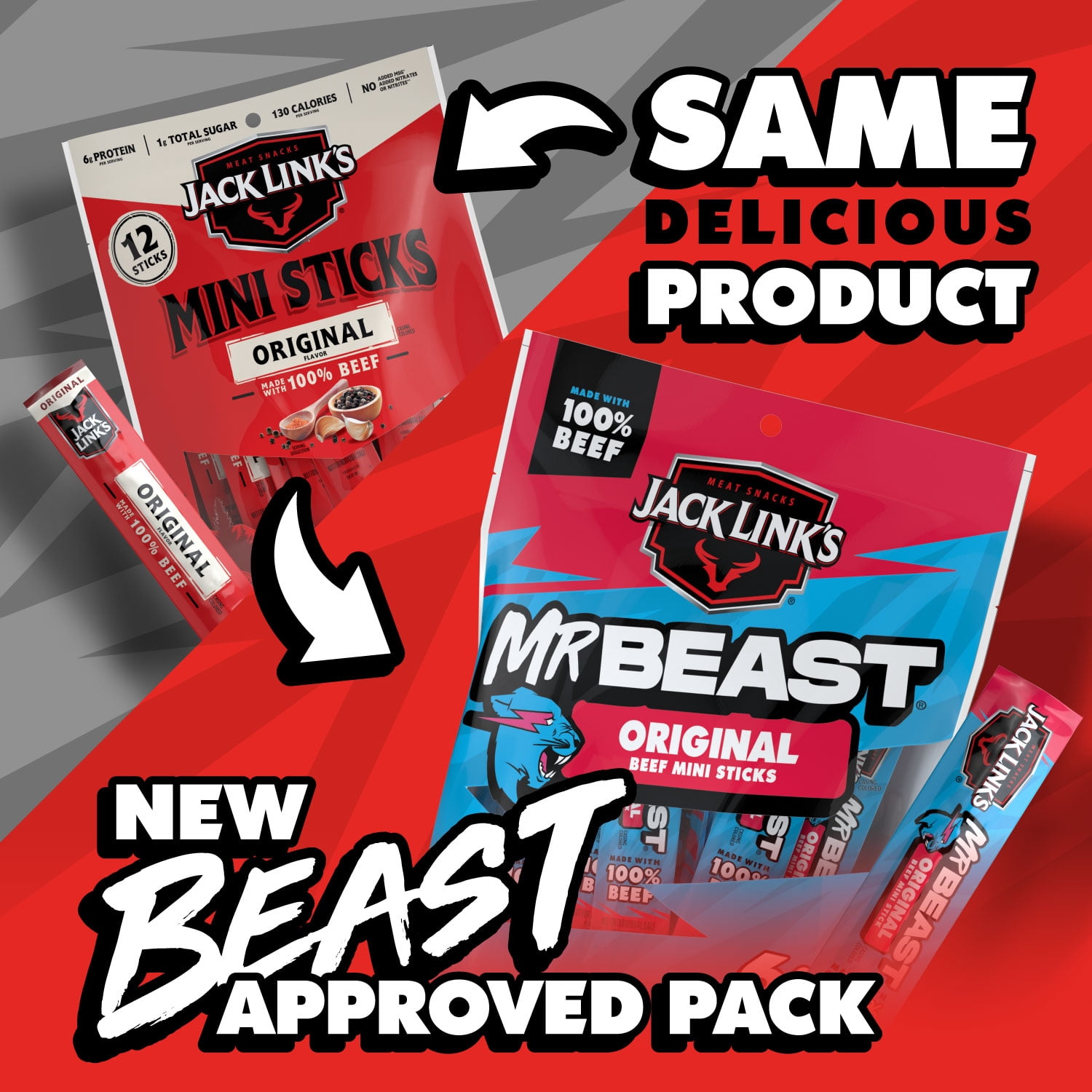 (8 pack) Jack Link’s x MrBeast Original Mini Beef Sticks, 6 Ounce bag, 12 count of .5 Ounce meat sticks