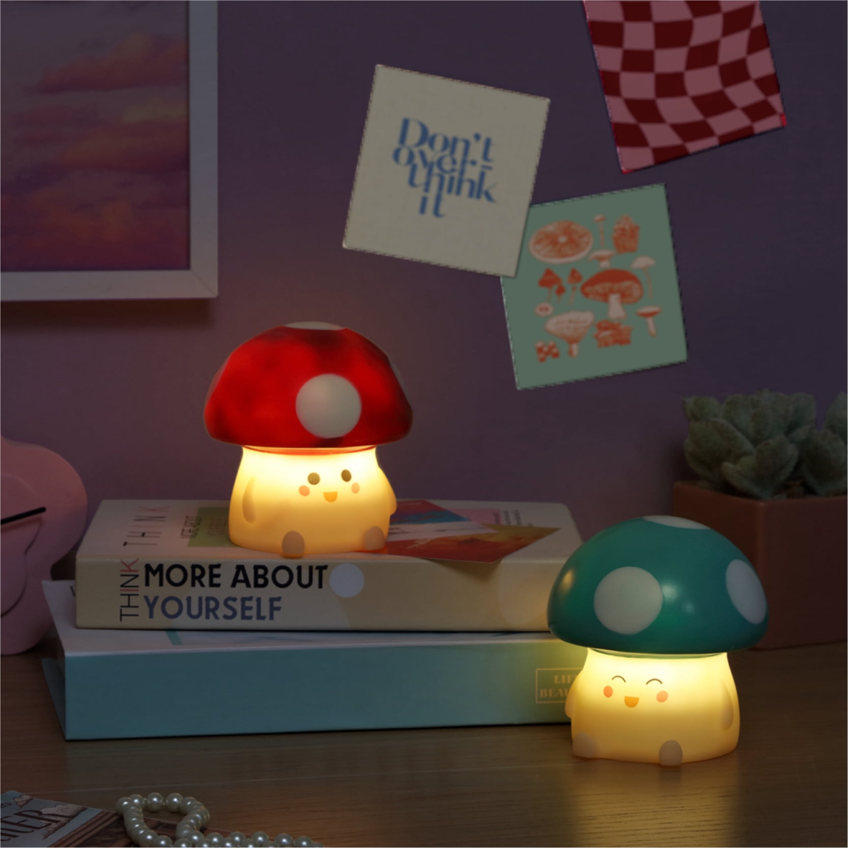 Urban Shop 4.5" 2 Pack Food Figural LED Mood Light, Red and Blue Mushroom