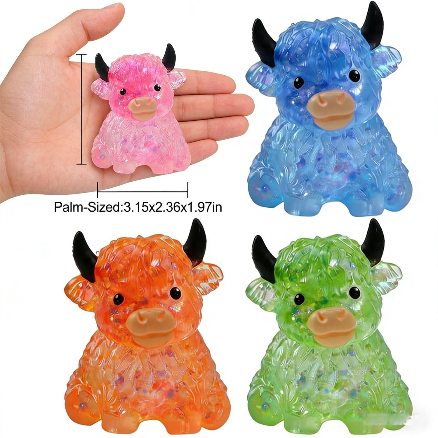 Glitter Highland Cow Fidget - Soft Slow Rising Stress Ball, Sparkly Squeeze for Adults, Cute Cow Lover