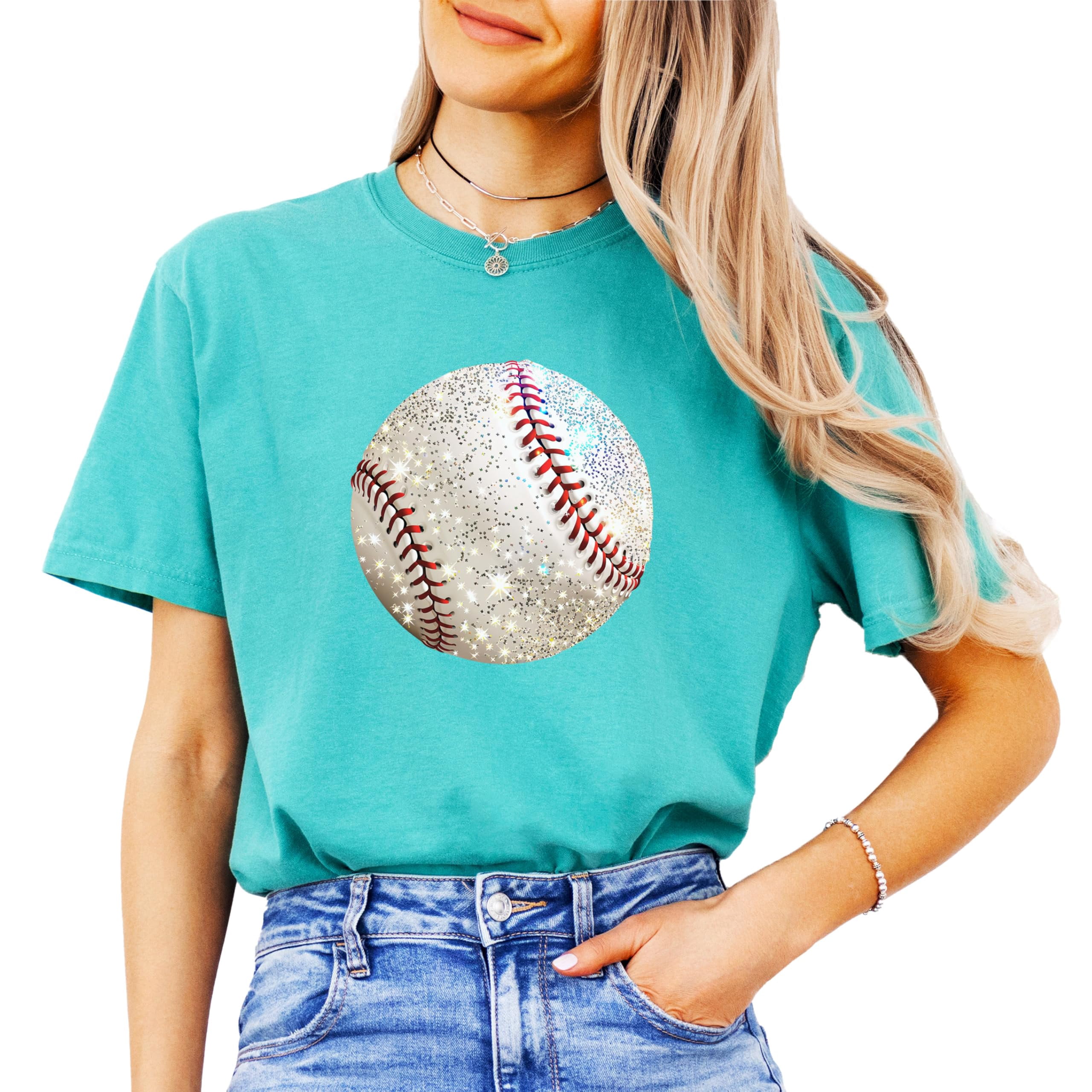Glitter Baseball Shirt for Women and Teens Girly Baseball Fan Oversized Tee Seafoam Shirt Adult Medium