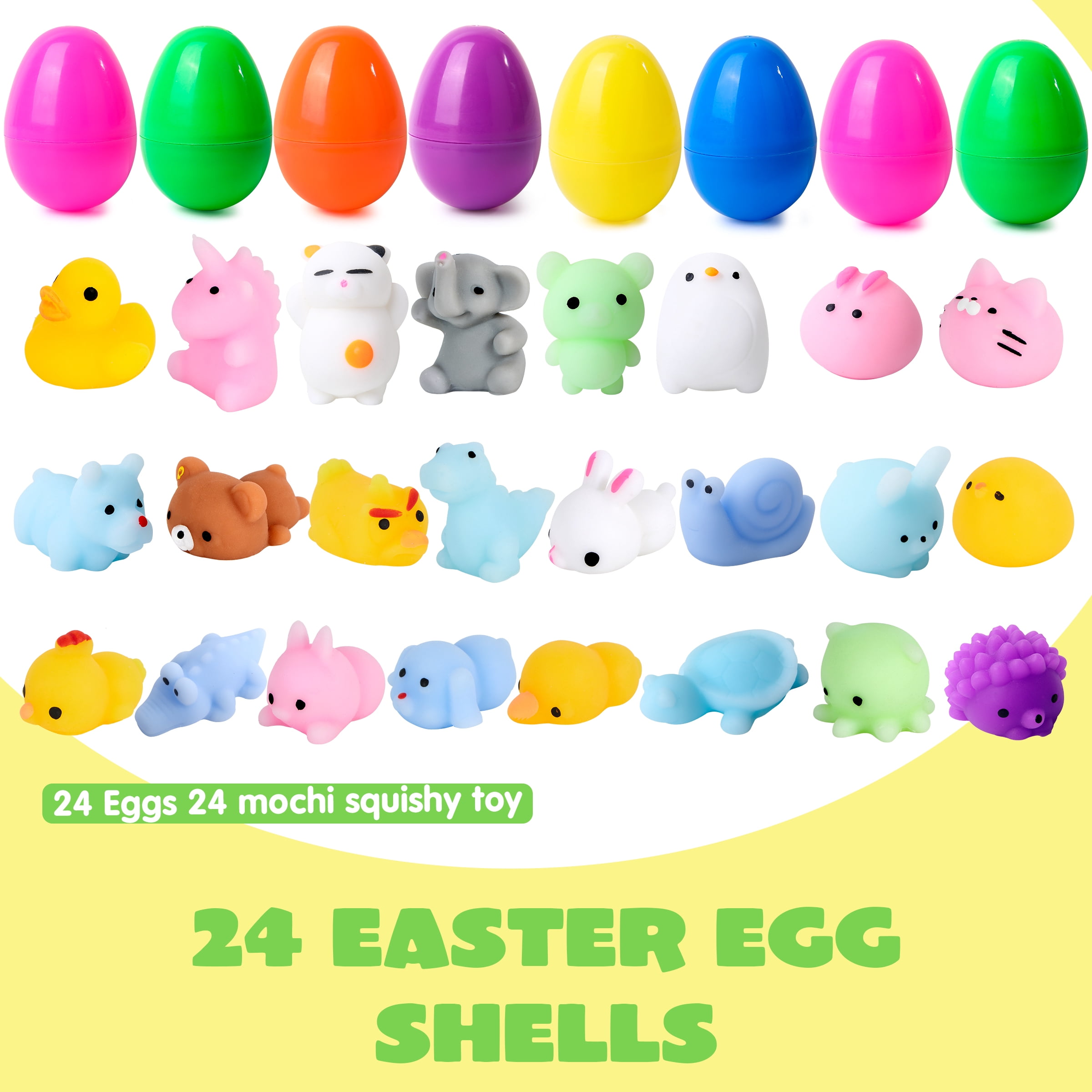 Joyfy 24 Pack Prefilled Easter Eggs with Toys,Mochi Squishy Small Toys for Easter Eggs,Stuffed Easter Baskets for Toddler Kids