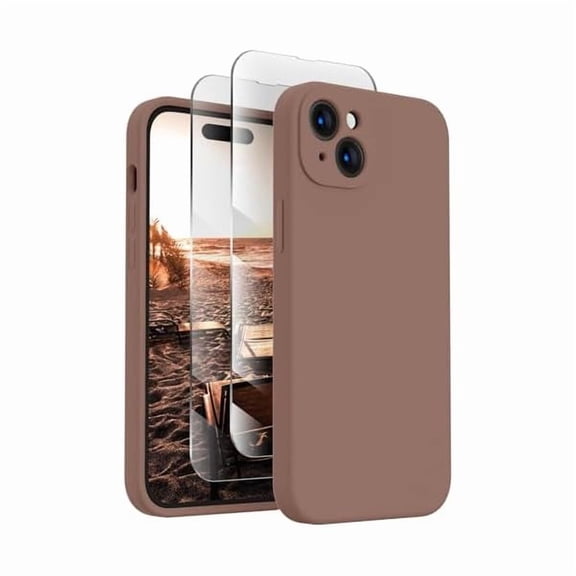 Eryueer Designed for iPhone 15 Case, Silicone Upgraded [Camera Protection] Phone Case with [2 Screen Protectors], Soft Anti-Scratch Microfiber Lining Inside, 6.1 inch, Light Brown
