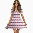 thumbnail image 2 of Orange And Blue Traditional Argyle All Over Print Women Dress V-Neck Short Sleeve Flowy Swing Party Midi Dress, 2 of 4