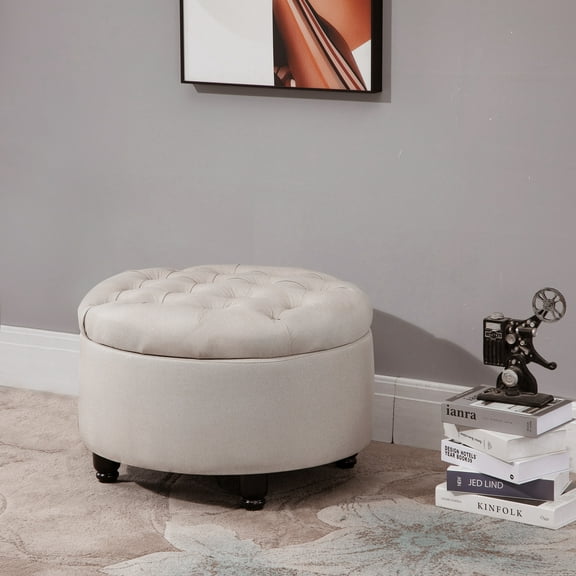HOMCOM Round Linen-touch Fabric Storage Footstool Ottoman Button Tufted Footrest with Removable Lid, Beige