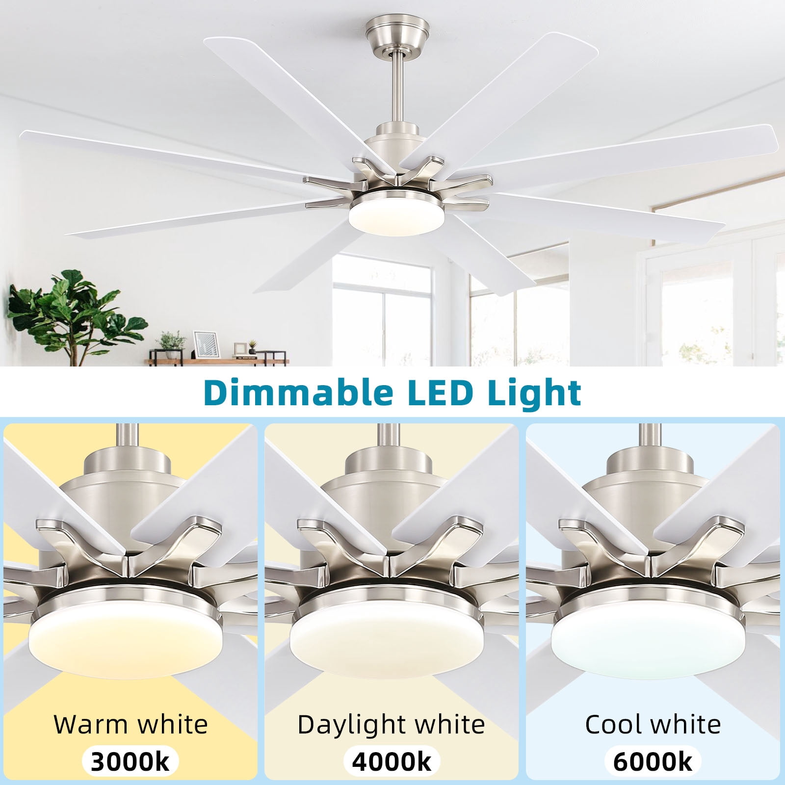 Sofucor 66-Inch Basic Ceiling Fan with LED Lights, Remote, App, and Voice Control, Indoor Outdoor Farmhouse