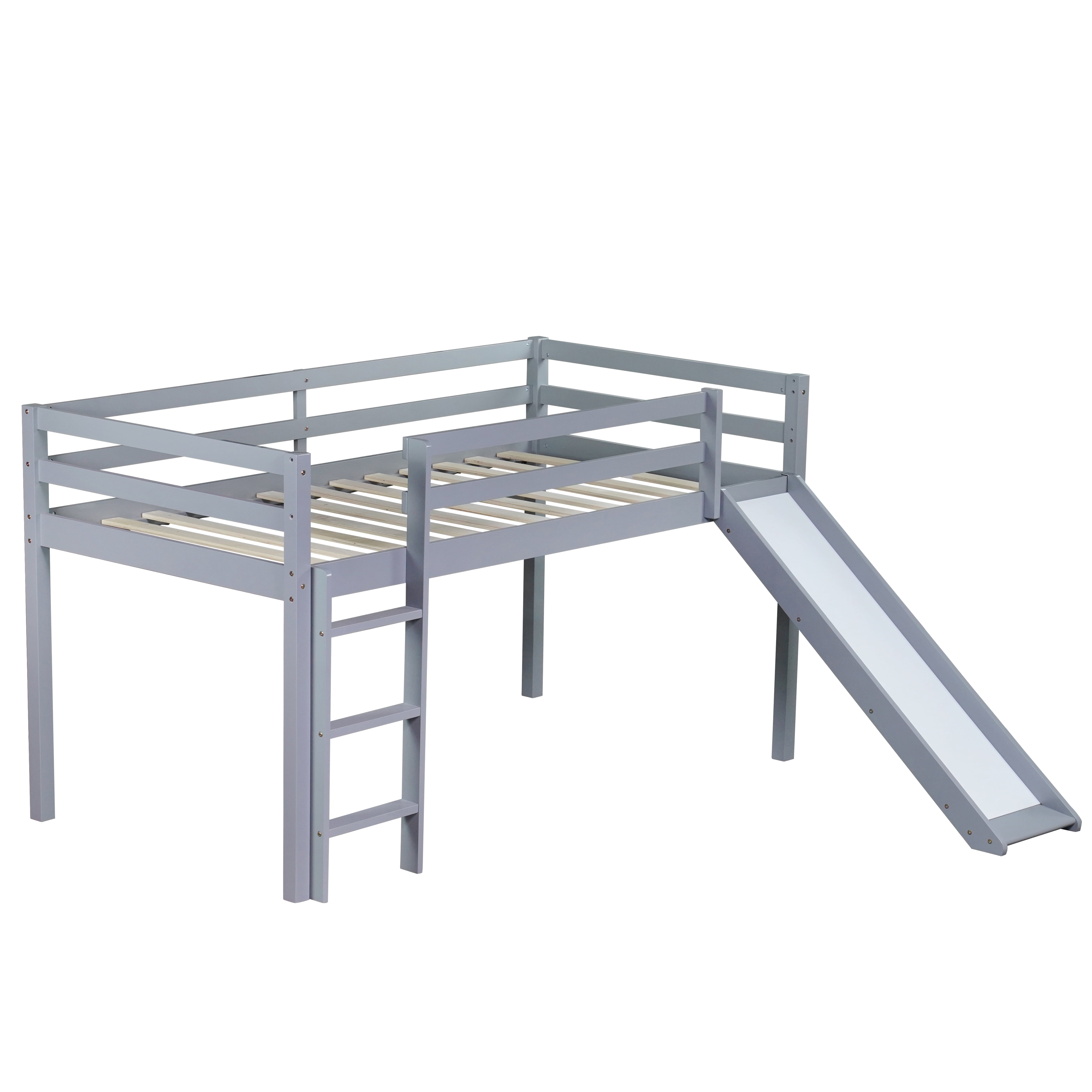 Miniyam Wood Twin Size Loft Bed with Slide, Ladder, Guardrails for Kids, Gray
