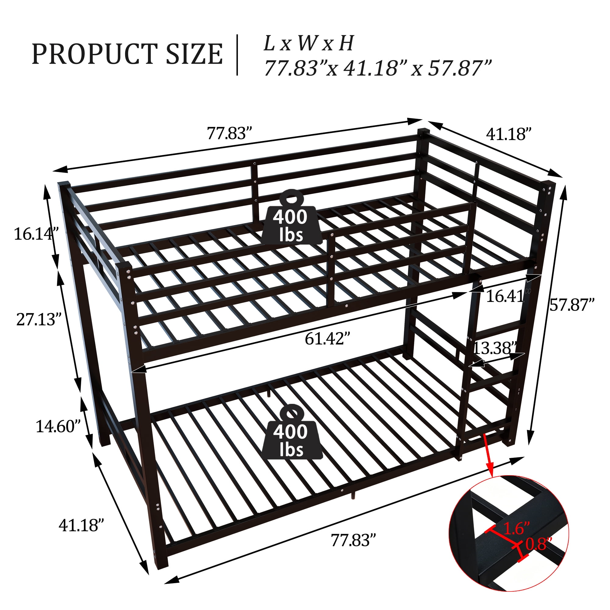 Leumius Metal Twin Over Twin Bunk Bed with Ladder and High Guardrail, Heavy-Duty Metal Slats Support, Noise Free, No Box Spring Needed, for Kids and Juniors,Black