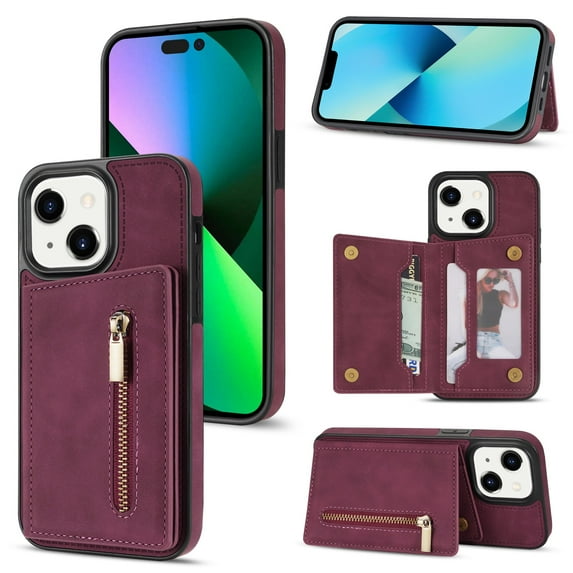 SaniMore for iPhone 14 Plus 6.7" 2022 Back Case with Zipper Card Pokcet Flip Wallet/Kickstand Shock Absorption Anti-fall Retro PU Leather Wear-resistant Shell For iPhone 14 Plus, Winered