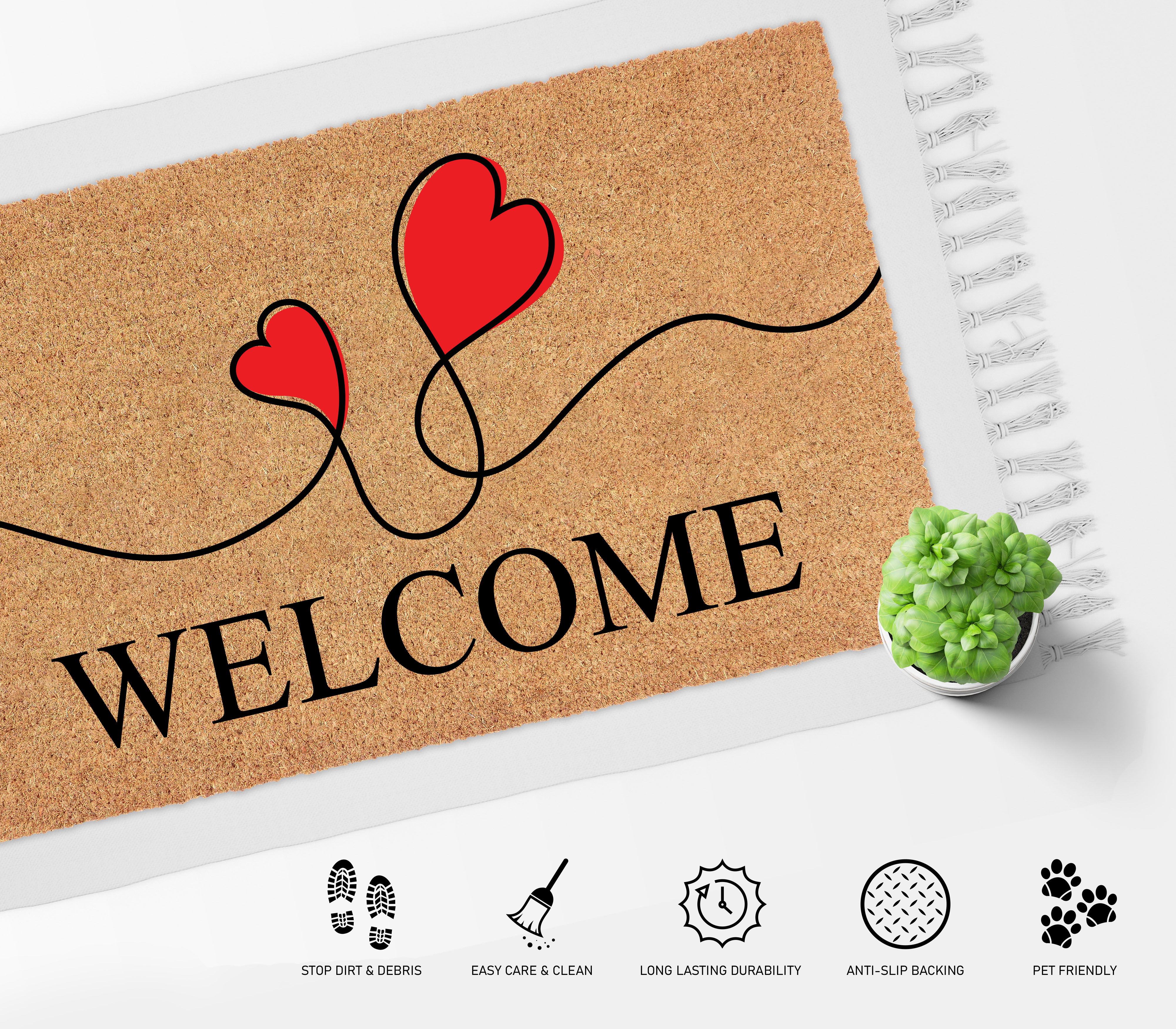 Heart Doormat EVA-20261830 – Valentine’s Day Front Porch Decor, Outdoor Coir Welcome Mat, Romantic Heart Door Rug for Entryway, Home & Patio