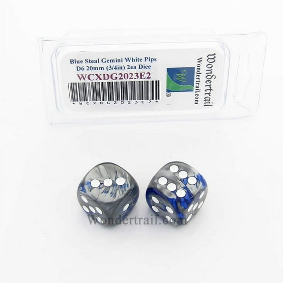 Blue and Steal Gemini Dice with White Pips 20mm (3/4in) D6 Pack of 2 Wondertrail