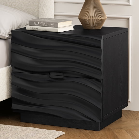 HIUU 24"Black Nightstand with Drawers,Bedside Table with Storage,2 Drawer Nightstand with 3D Wave Drawer Fronts,Wood Night Stand with Drawers with No Handles for Living Room and Bedrooms