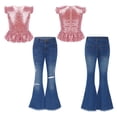 thumbnail image 5 of dPois Kids Girls Clothes Sequins Mermaid Flutter Sleeve Shirt Top with Flare Leg Jeans Pants Set 2Pcs Pink 4, 5 of 6