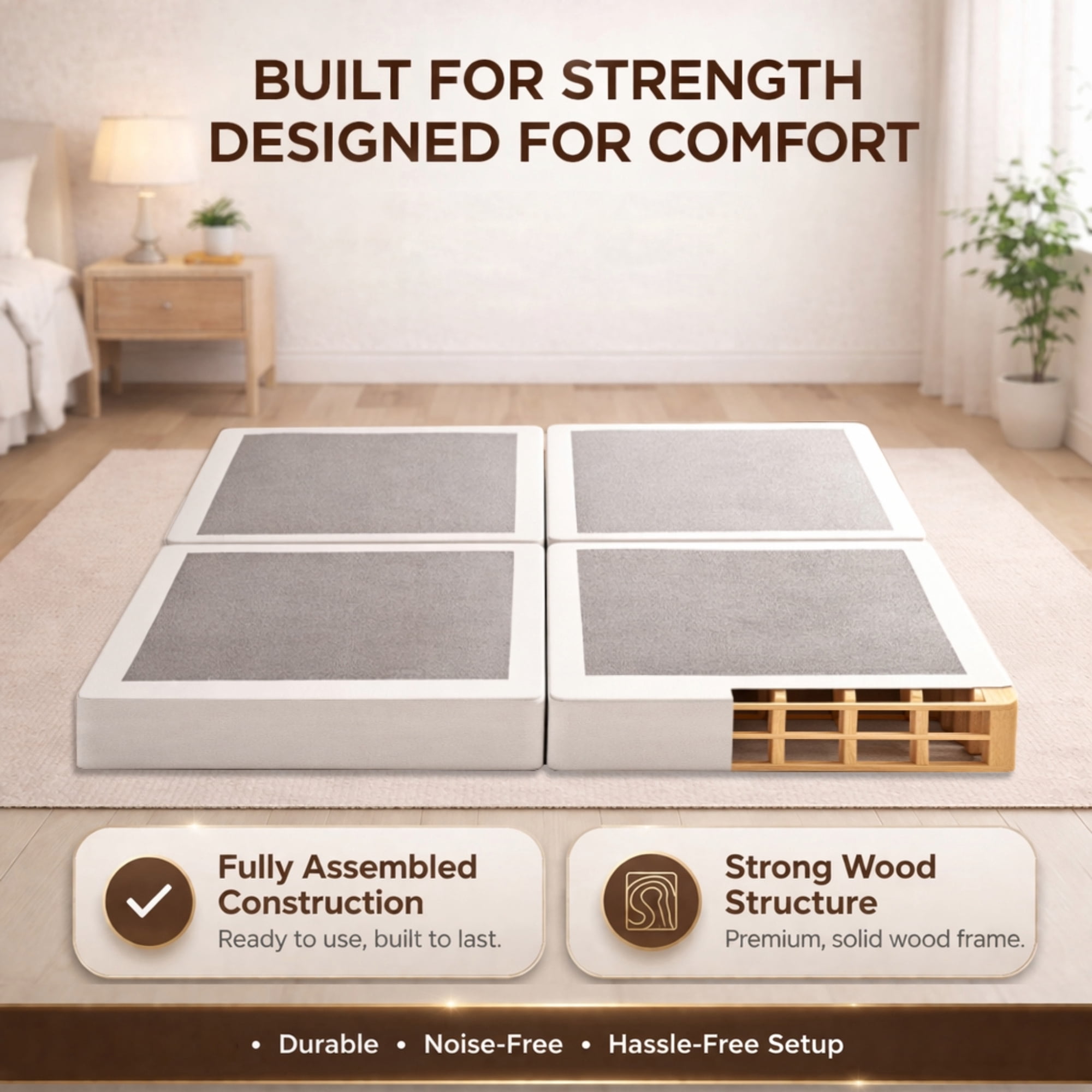 Continental Sleep, Box Spring Bed Base King(Fold) Size, 4-Inch Wood Mattress Foundation, Quiet Noise Free, 4-Pieces Under Mattress Support BoxSpring, Fully Assembled, White