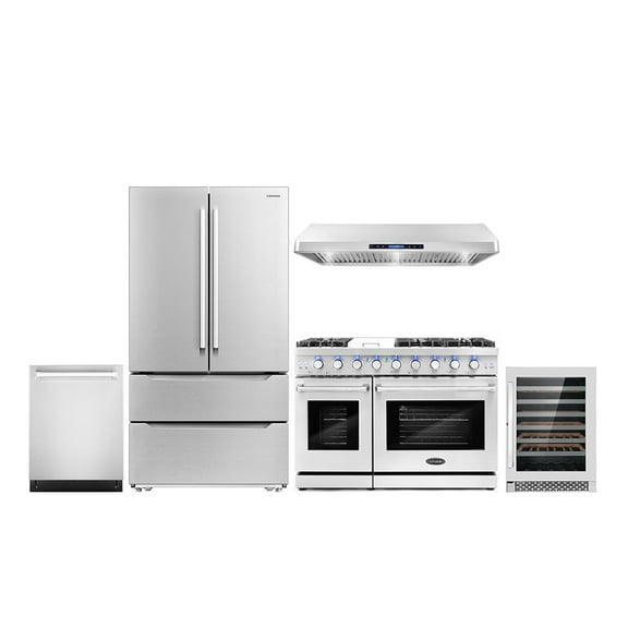Cosmo 5 Piece Kitchen Appliance Package with 48" Freestanding Gas Range 48" Under Cabinet Mount 24" Built-in Fully Integrated Dishwasher French Door Refrigerator & 48 Bottle Wine Refrigerator