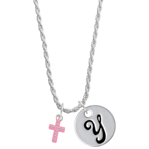 Delight Jewelry Silvertone Small Pink Crystal Cross Silvertone Script Initial Disc - Y - Charm Necklace, 20"+3"