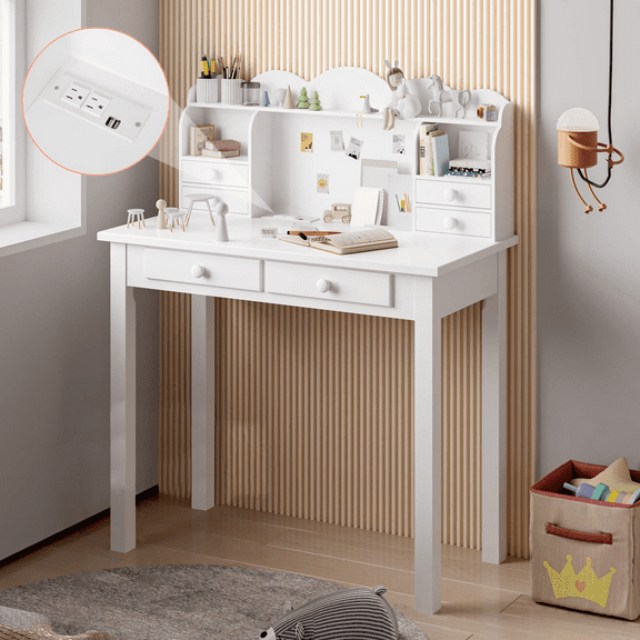 AMUZER Writing Desk with USB Ports and Hutch, 31.5" Home Office Desk Study Workstation for Kids/Student, White