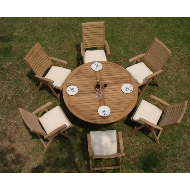 Teak Dining Set:6 Seater 7 Pc - 60" Round Table And 6 Ashley Reclining
