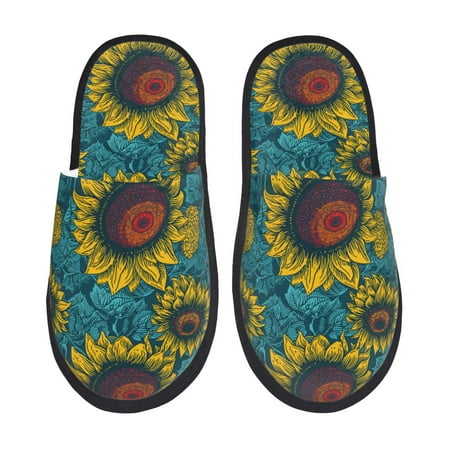 Balery Sunflowers Slient Indoor Furry Fleece Comfort House Shoes Soft Non-Slip Home Shoes Cotton slippers House Slippers-- Medium