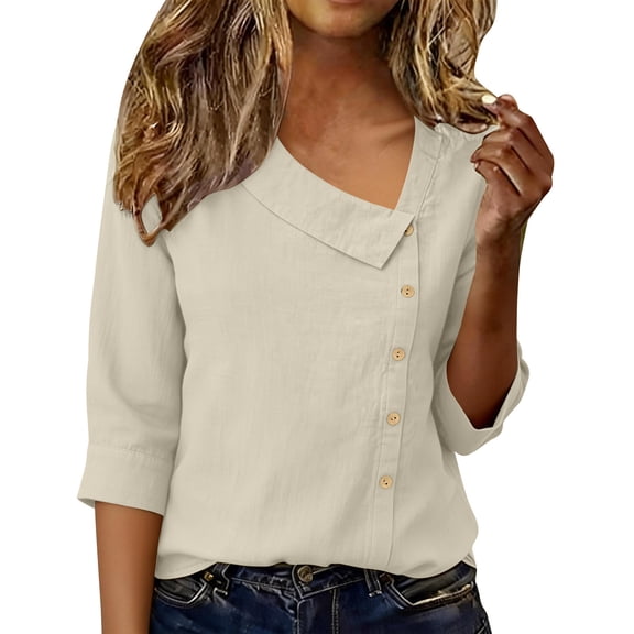 Xdegoge Linen Blouse for Women Asymmetrical Neck 3/4 Sleeve Casual Work office Loose Fit Side Button Detail Solid Linen Feel Breathable Summer Spring Tops Fashionable Professional Wear