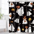 thumbnail image 5 of Cortina de ducha de tela con forma de fantasma de Halloween, con dibujos animados divertidos y espeluznantes, calaveras, para niños en blanco y negro, para fiestas navideñas, con ganchos, 5 of 5