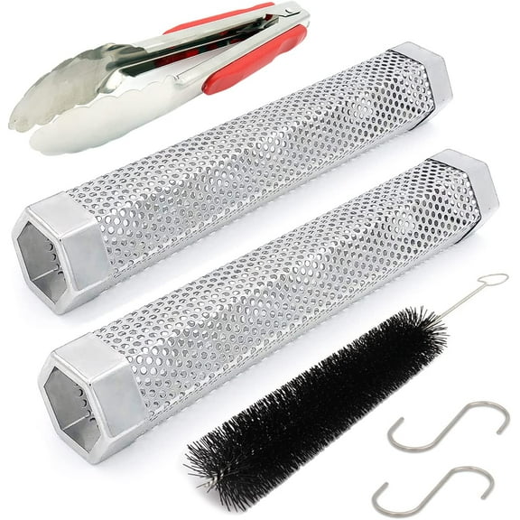12" Pellet Smoker Tube for pellet Grill 2 Pack Cold Smoker Generator for BBQ Stainless Steel Wood Pellet Tube Smoker Fit Electric Gas Charcoal Grill, Provides Food tong and Brush and Hook